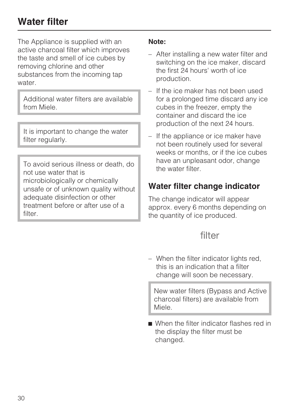Water filter 30, Water filter change indicator 30, Water filter | Water filter change indicator | Miele F1411VI User Manual | Page 30 / 76