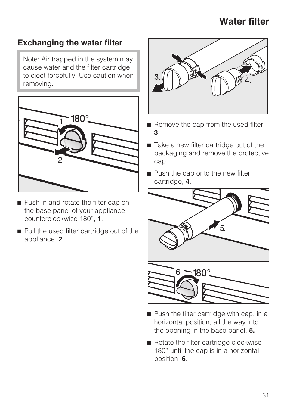 Exchanging the water filter 31, Water filter, Exchanging the water filter | Miele F1411VI User Manual | Page 31 / 76
