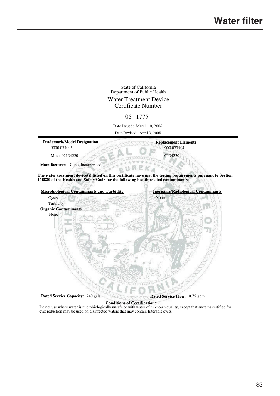 Water filter, Water treatment device certificate number | Miele F1411VI User Manual | Page 33 / 76