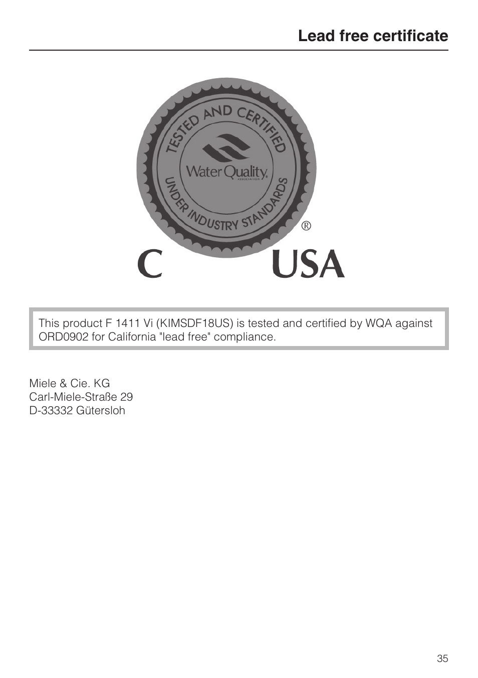 Lead free certificate 35, Lead free certificate | Miele F1411VI User Manual | Page 35 / 76