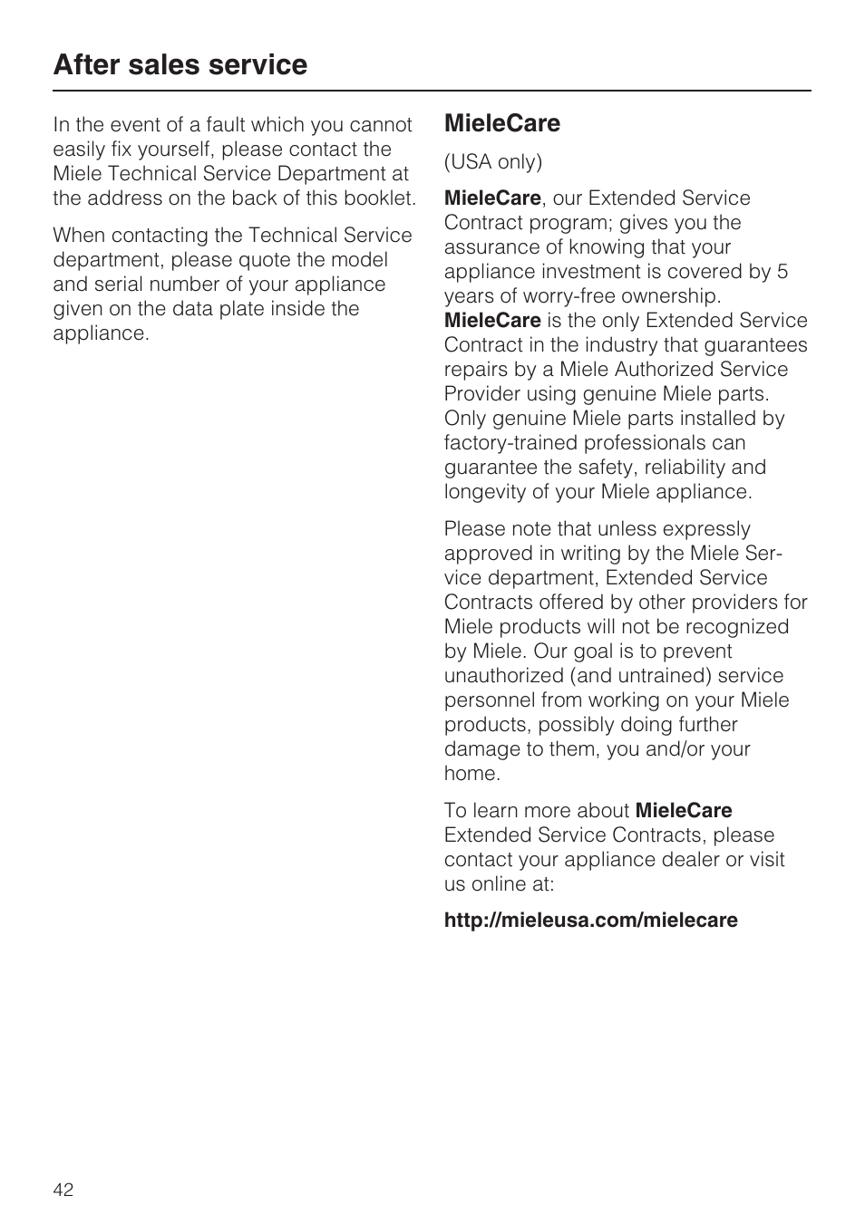After sales service 42, After sales service, Mielecare | Miele F1411VI User Manual | Page 42 / 76