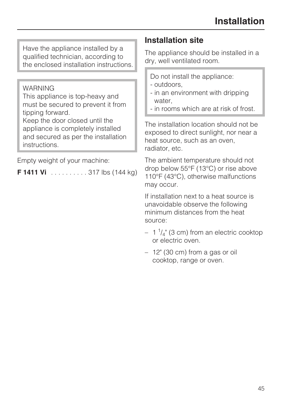 Installation 45, Installation site 45, Installation | Installation site | Miele F1411VI User Manual | Page 45 / 76