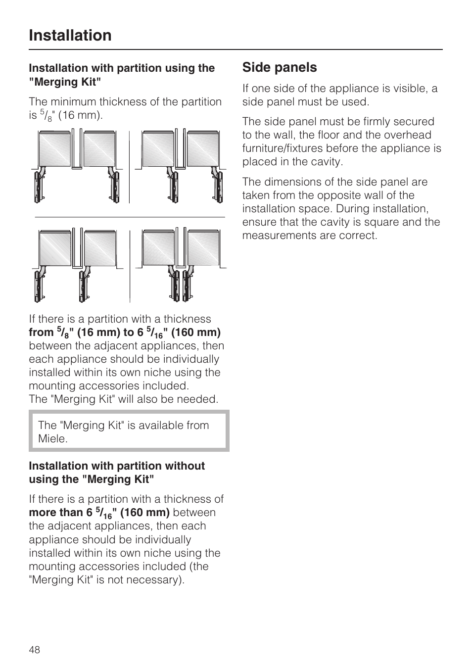 Installation, Side panels | Miele F1411VI User Manual | Page 48 / 76