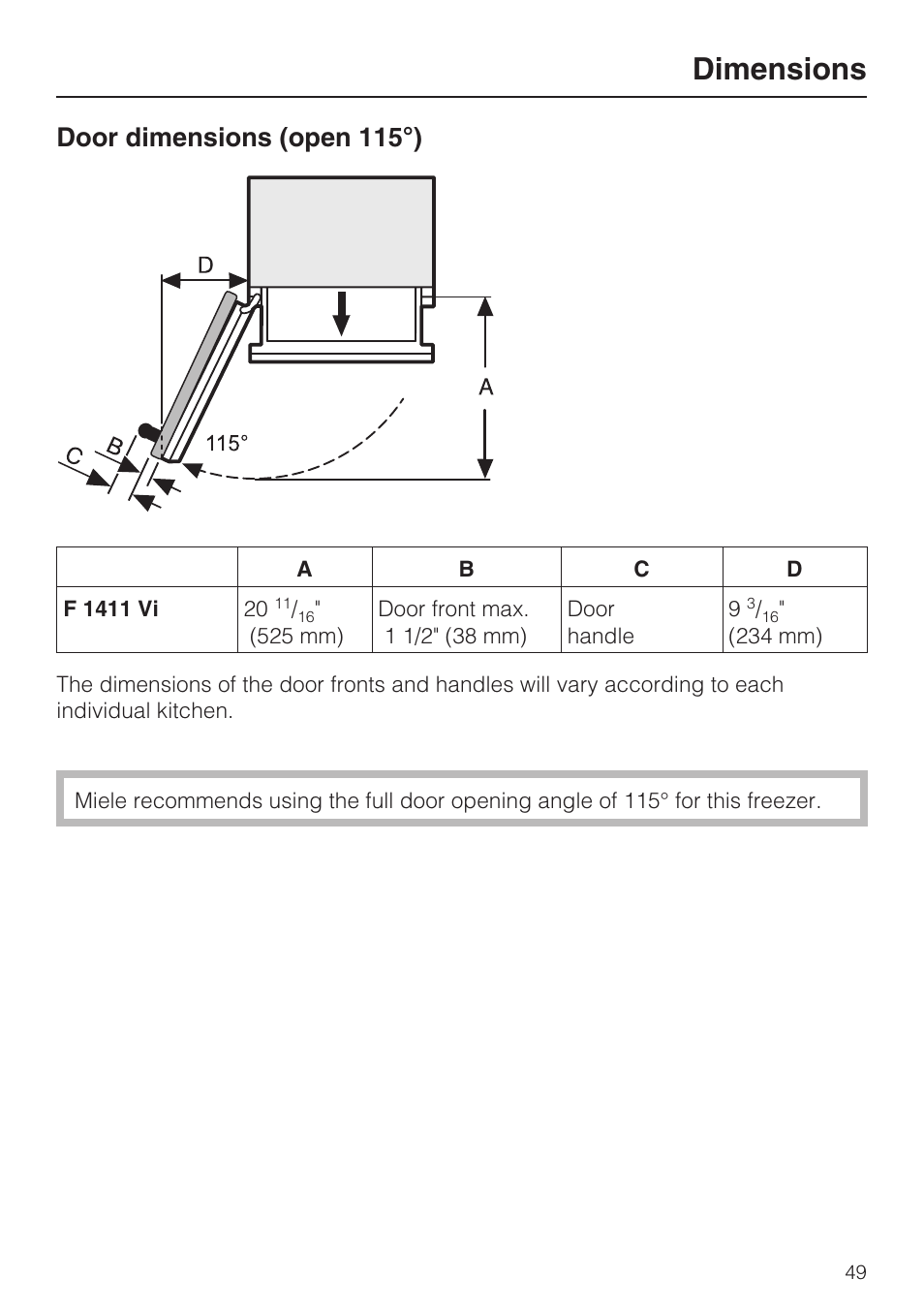 Dimensions 49, Dimensions, Door dimensions (open 115°) | Miele F1411VI User Manual | Page 49 / 76
