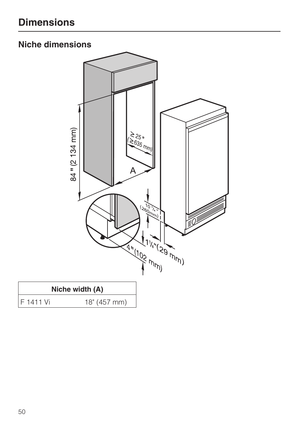 Dimensions | Miele F1411VI User Manual | Page 50 / 76