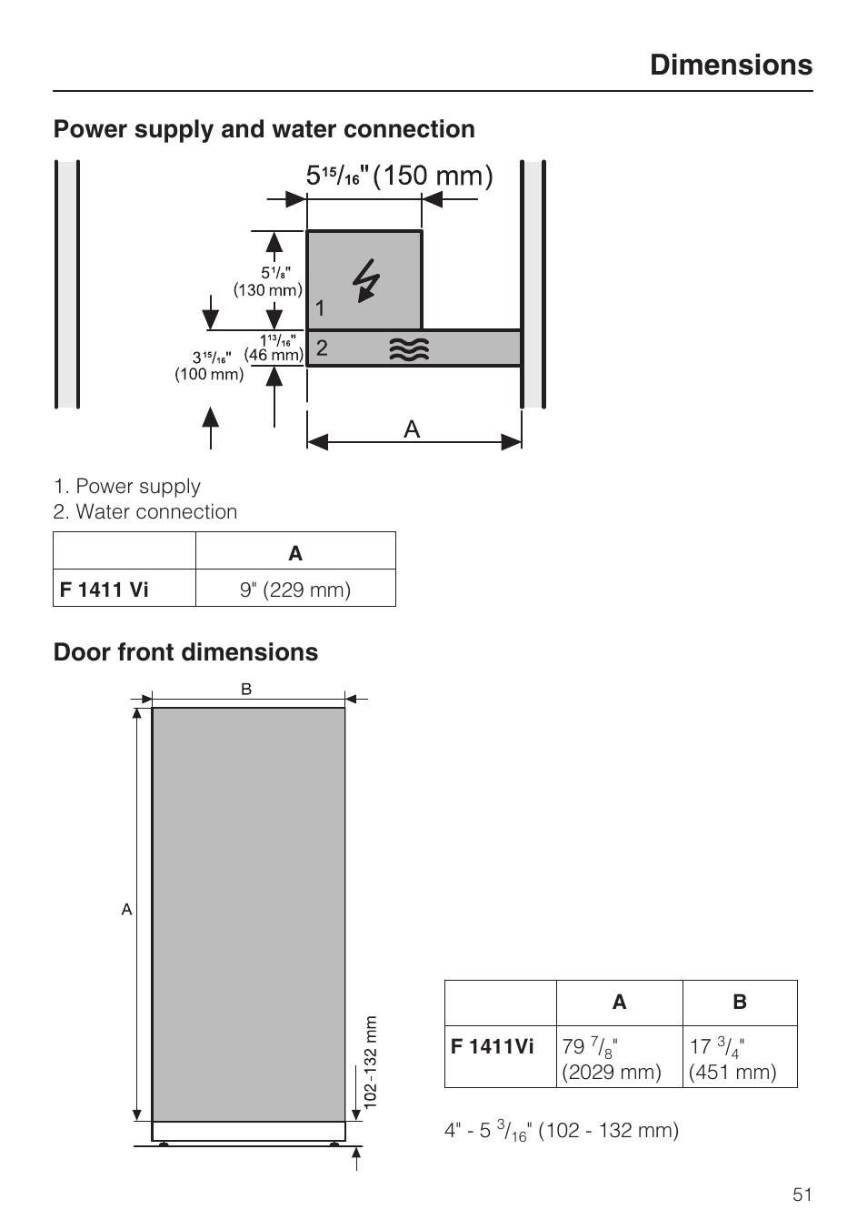 Dimensions, Power supply and water connection, Door front dimensions | Miele F1411VI User Manual | Page 51 / 76