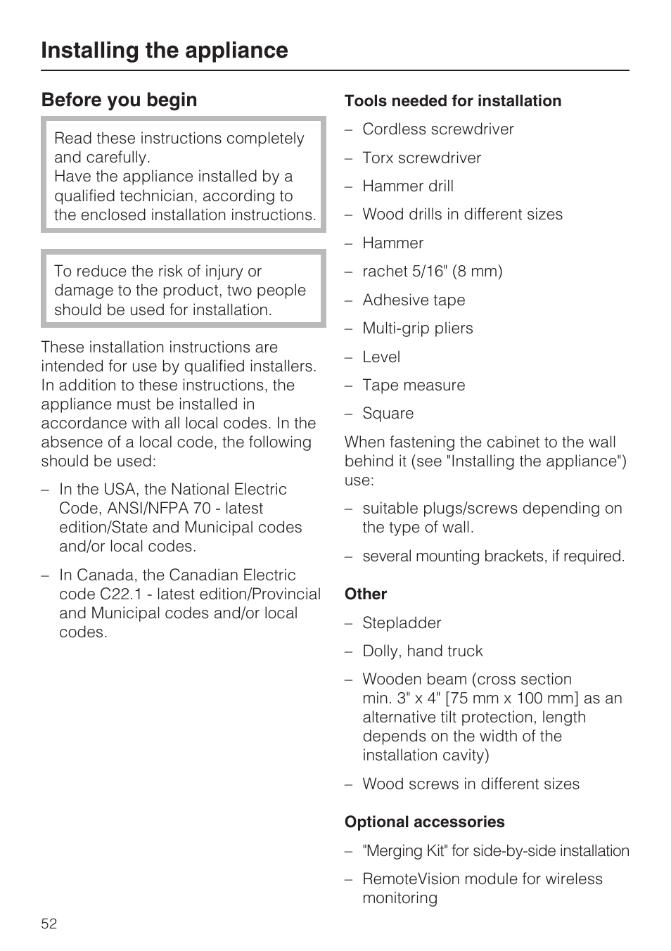 Installing the appliance 52, Before you begin 52, Installing the appliance | Before you begin | Miele F1411VI User Manual | Page 52 / 76
