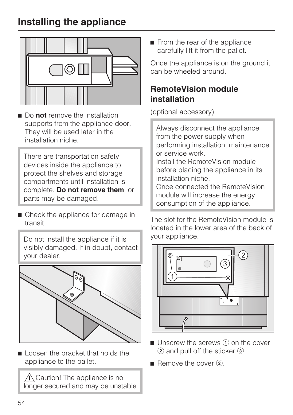 Remotevision module installation 54, Installing the appliance, Remotevision module installation | Miele F1411VI User Manual | Page 54 / 76