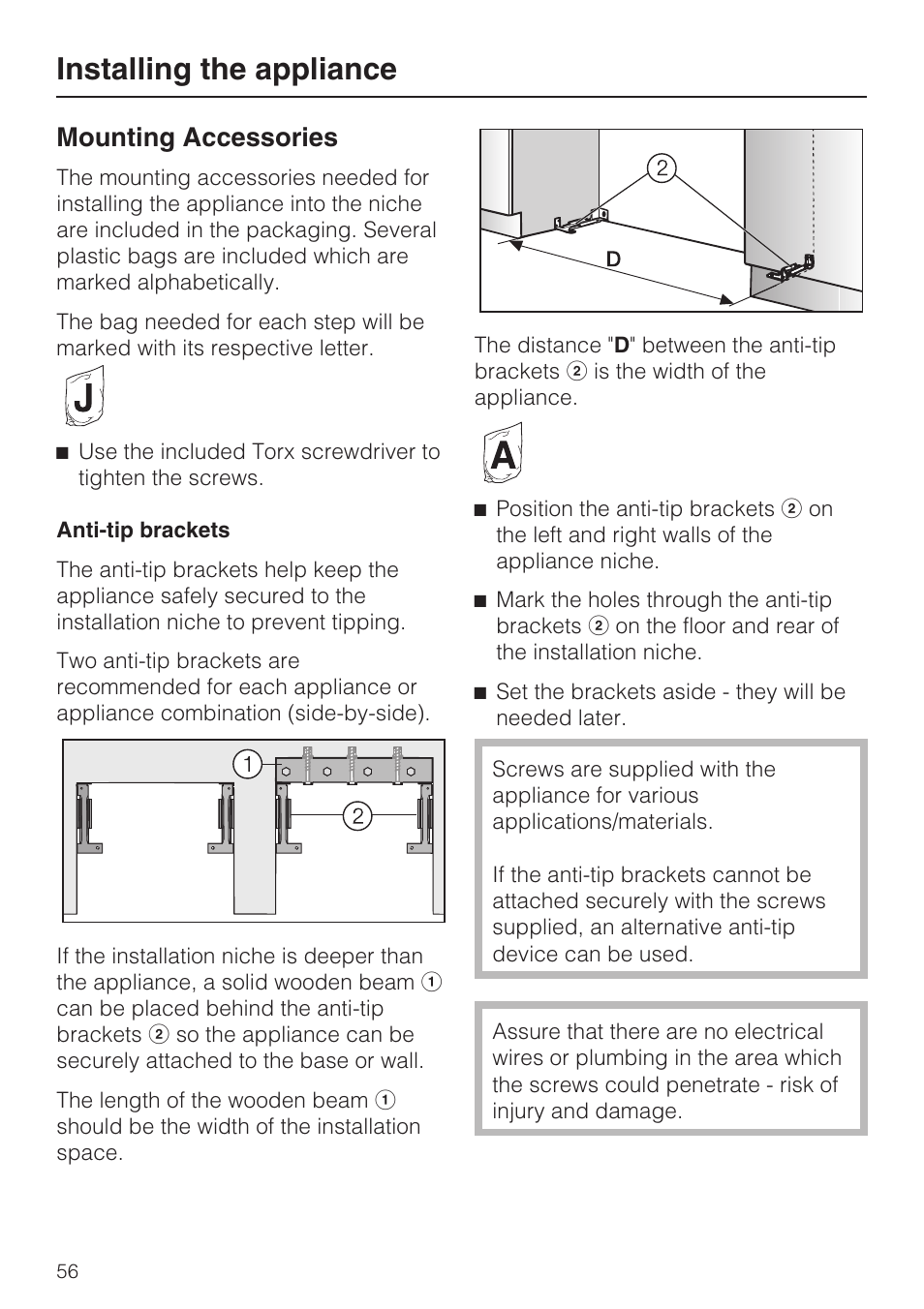 Installing the appliance, Mounting accessories | Miele F1411VI User Manual | Page 56 / 76