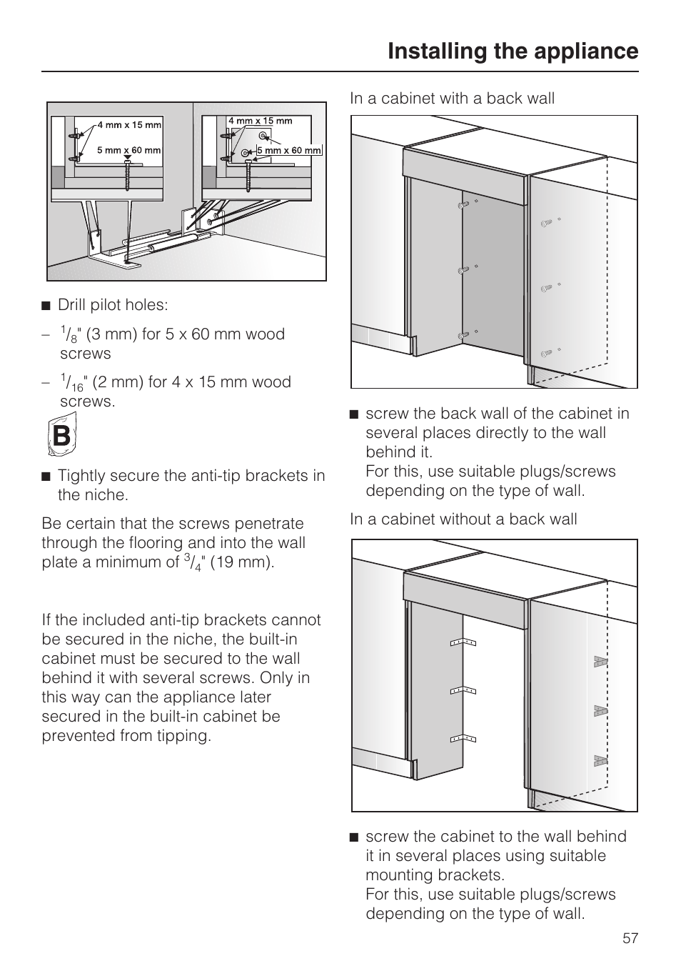 Installing the appliance | Miele F1411VI User Manual | Page 57 / 76