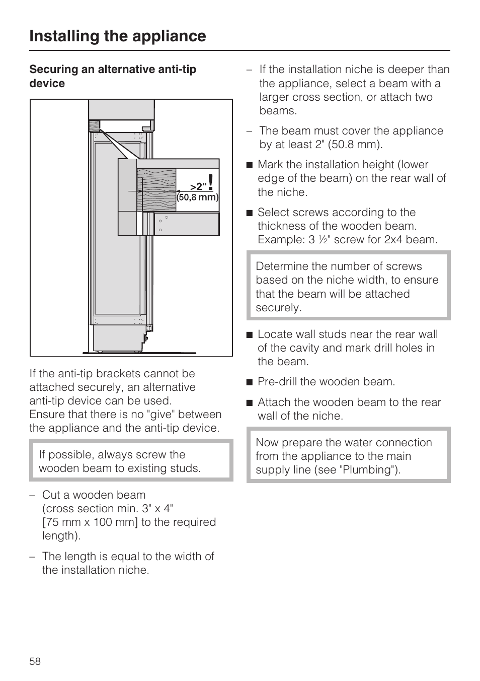Installing the appliance | Miele F1411VI User Manual | Page 58 / 76
