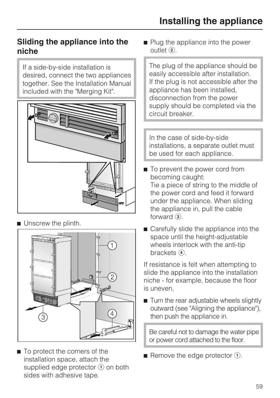 Sliding the appliance into the niche 59, Installing the appliance, Sliding the appliance into the niche | Miele F1411VI User Manual | Page 59 / 76