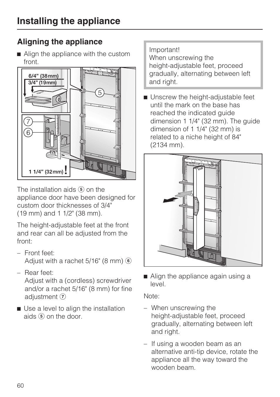 Aligning the appliance 60, Installing the appliance, Aligning the appliance | Miele F1411VI User Manual | Page 60 / 76