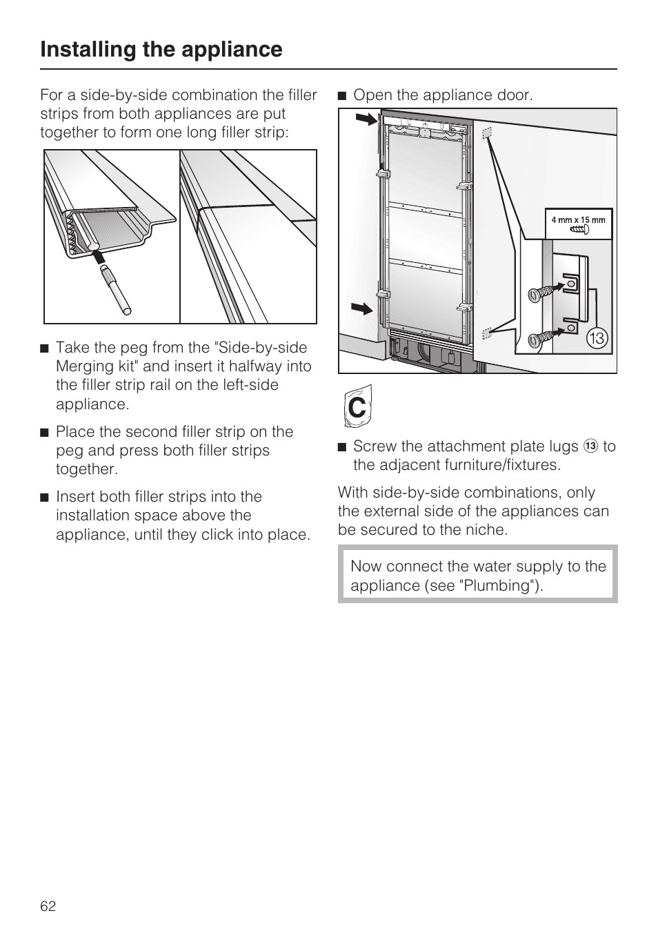Installing the appliance | Miele F1411VI User Manual | Page 62 / 76