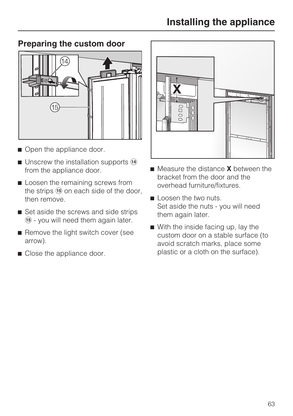 Preparing the custom door 63, Installing the appliance, Preparing the custom door | Miele F1411VI User Manual | Page 63 / 76