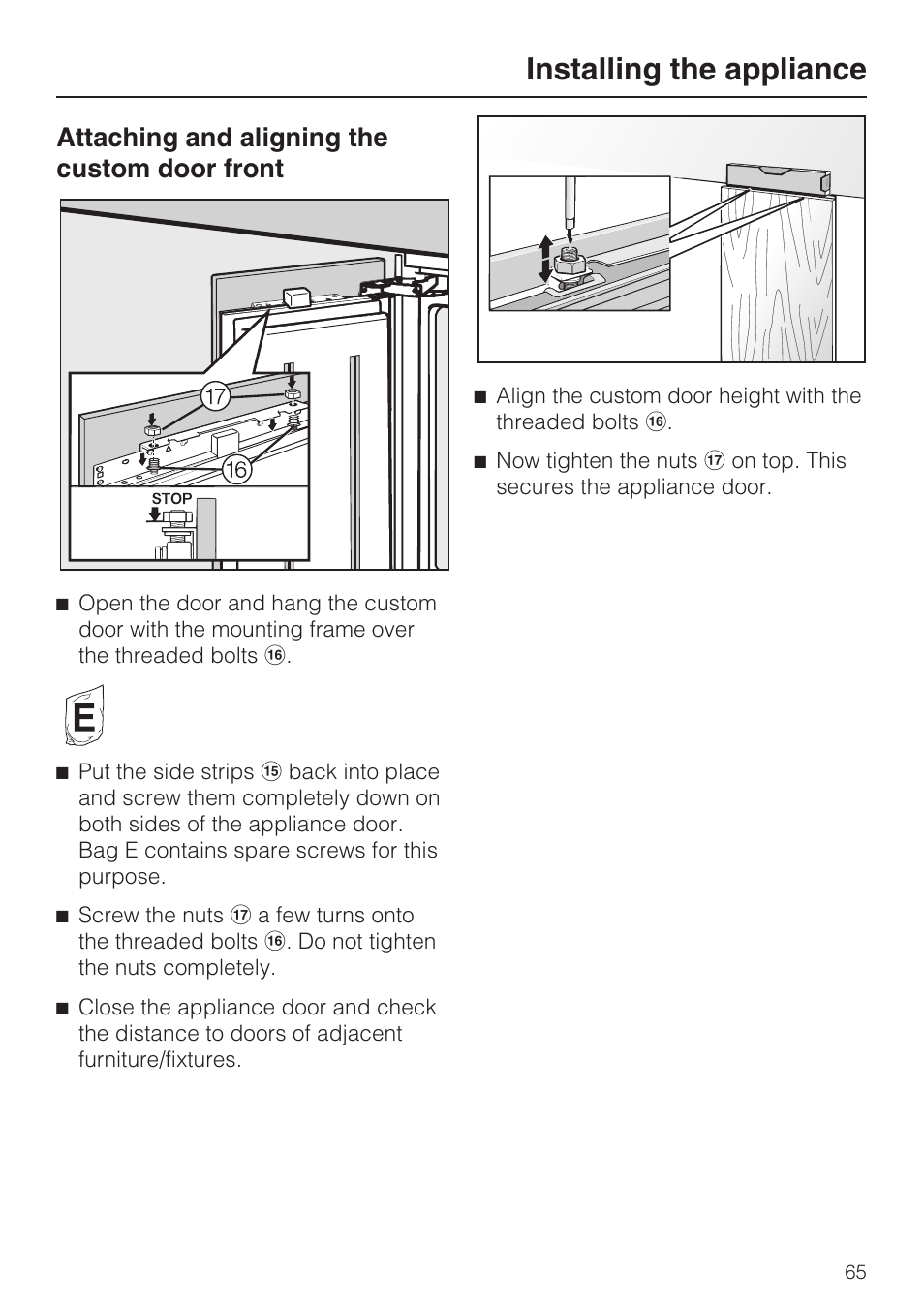 Attaching and aligning the custom door front 65, Installing the appliance, Attaching and aligning the custom door front | Miele F1411VI User Manual | Page 65 / 76