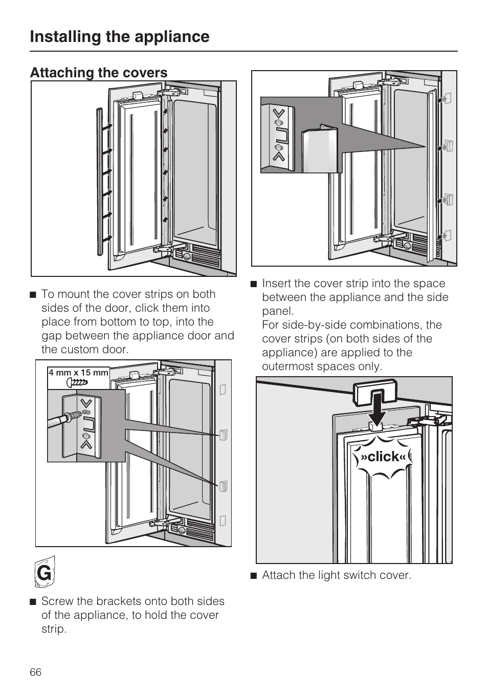 Installing the appliance, Attaching the covers | Miele F1411VI User Manual | Page 66 / 76