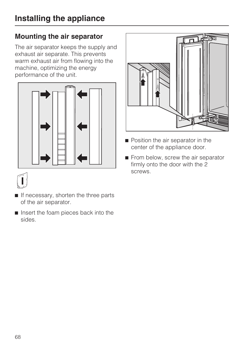 Installing the appliance, Mounting the air separator | Miele F1411VI User Manual | Page 68 / 76