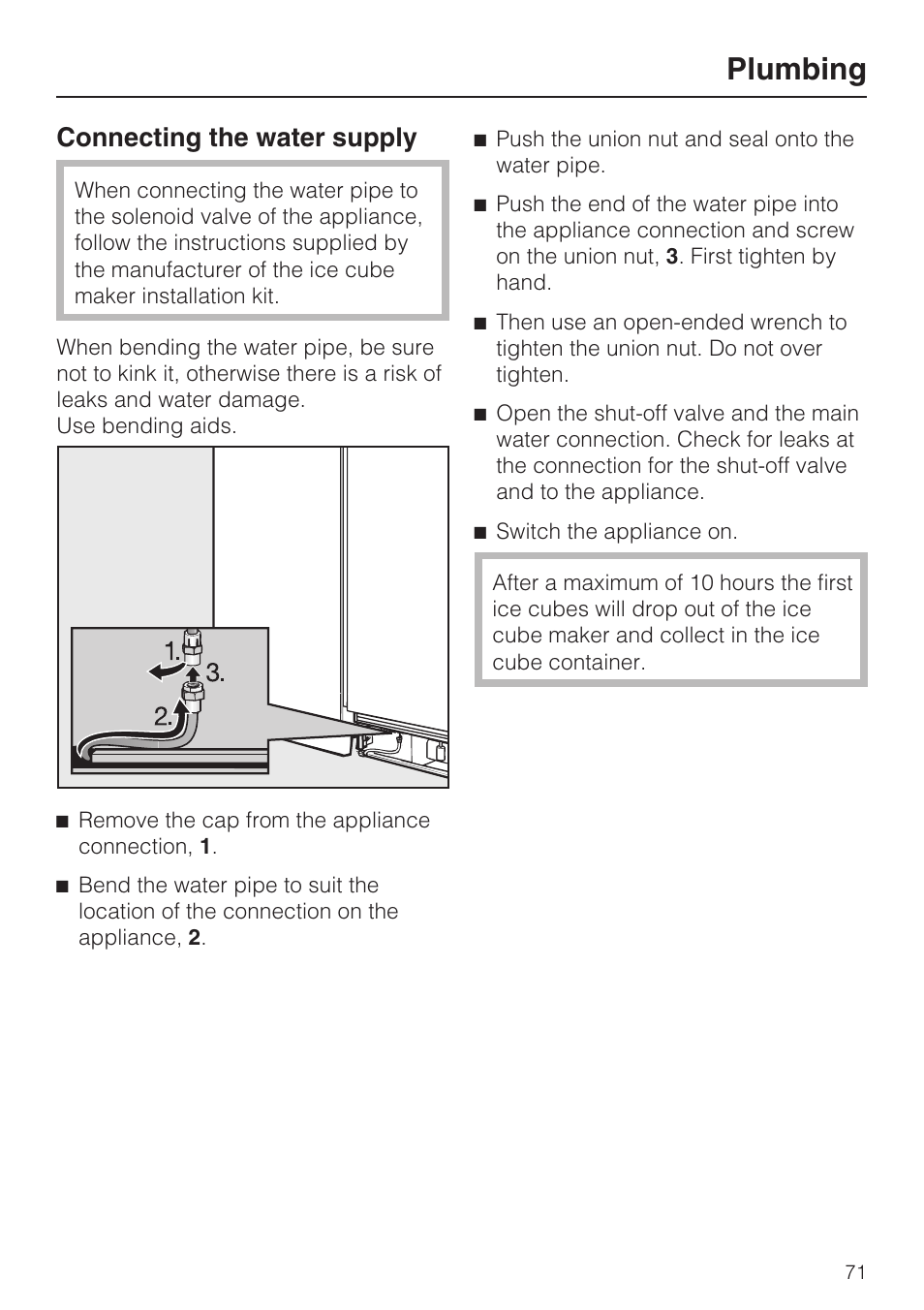 Plumbing, Connecting the water supply | Miele F1411VI User Manual | Page 71 / 76