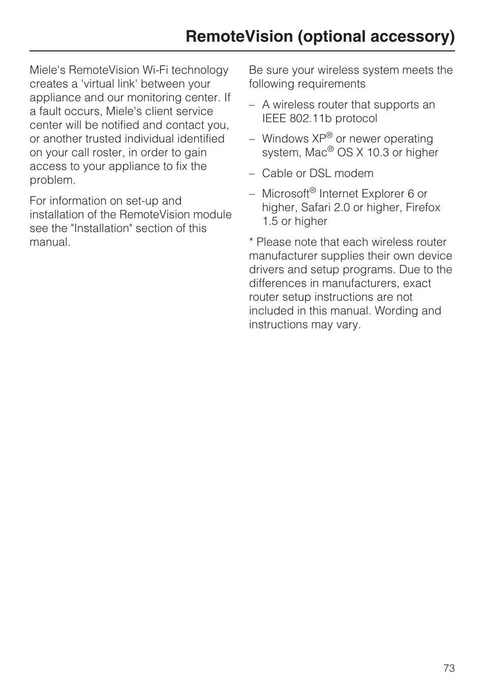 Remotevision (optional accessory) 73, Remotevision (optional accessory) | Miele F1411VI User Manual | Page 73 / 76