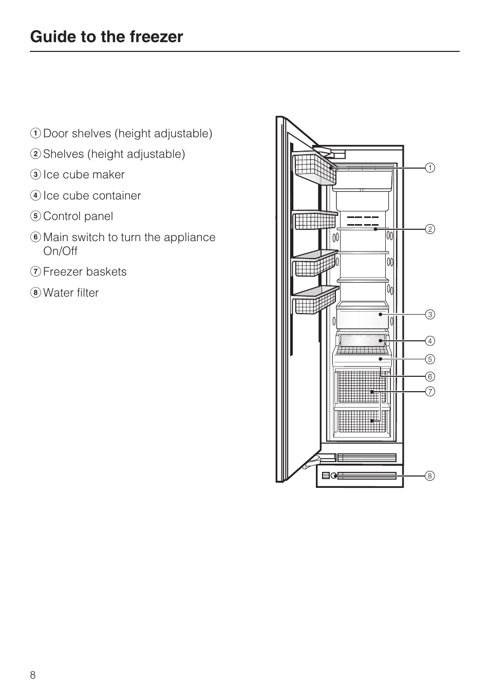 Guide to the freezer 8, Guide to the freezer | Miele F1411VI User Manual | Page 8 / 76