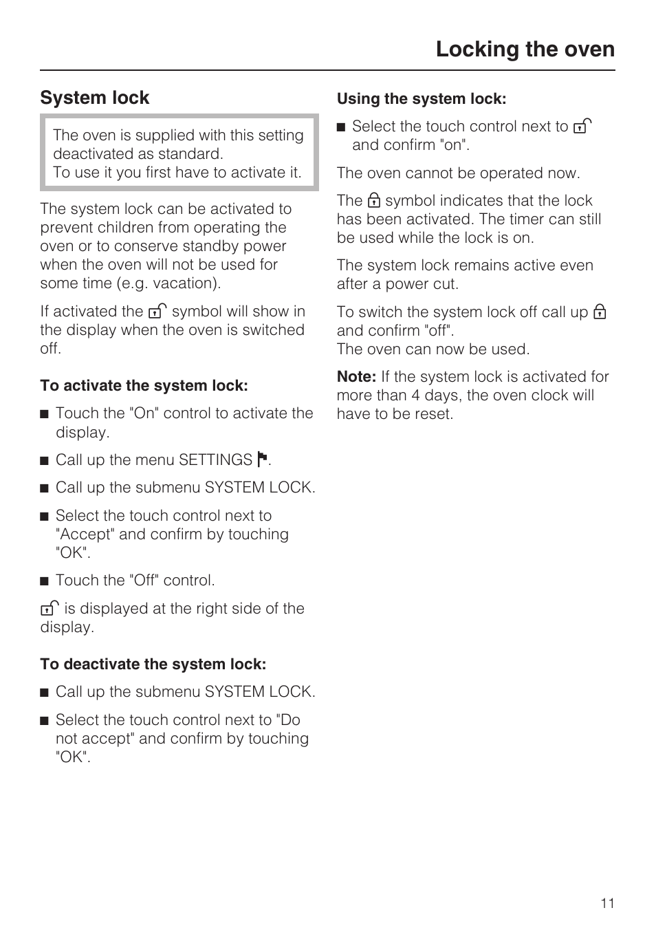 Locking the oven 11, Using the system lock: 11, Locking the oven | System lock | Miele H4780BP User Manual | Page 11 / 76