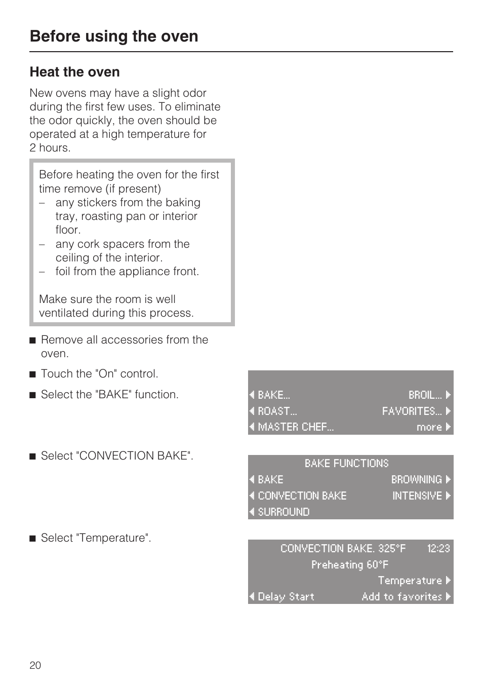 Before using the oven 20, Before using the oven, Heat the oven | Miele H4780BP User Manual | Page 20 / 76