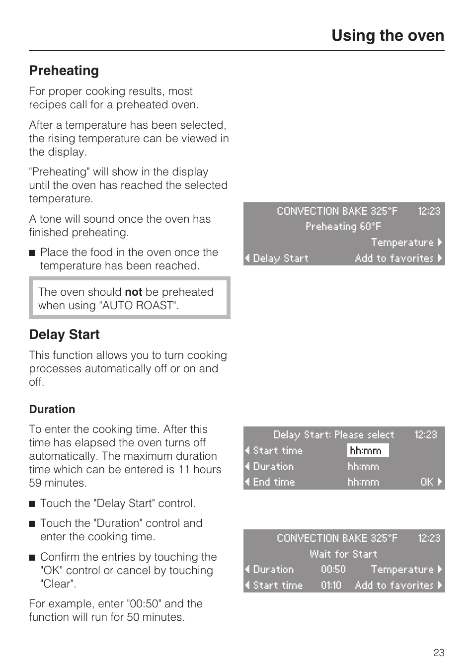 Preheating 23, Delay start 23, Duration 23 | Using the oven, Preheating, Delay start | Miele H4780BP User Manual | Page 23 / 76