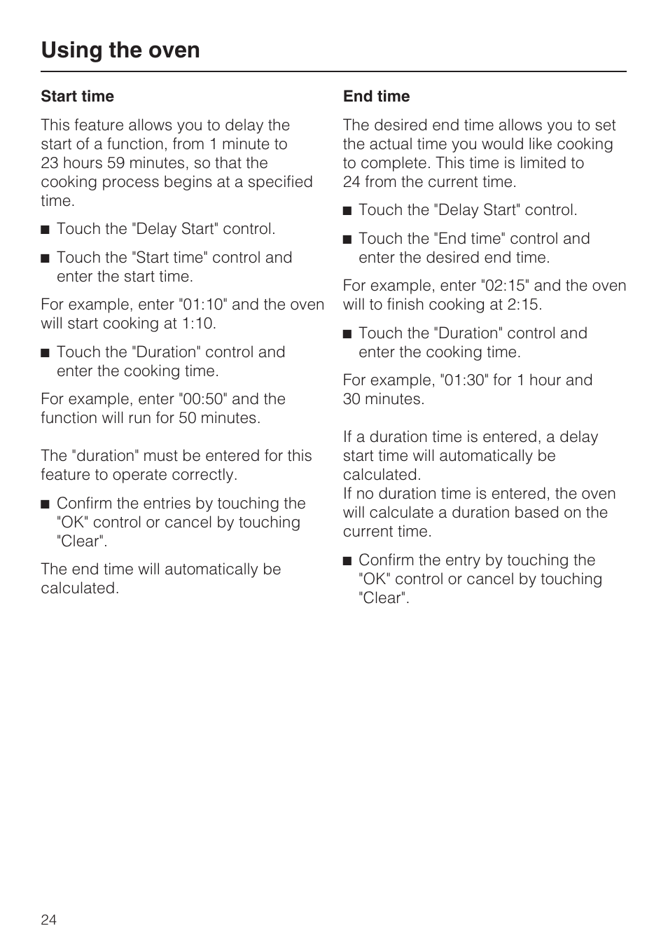 Start time 24, End time 24, Using the oven | Miele H4780BP User Manual | Page 24 / 76