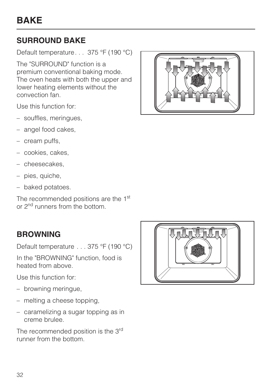 Bake, Surround bake, Browning | Miele H4780BP User Manual | Page 32 / 76