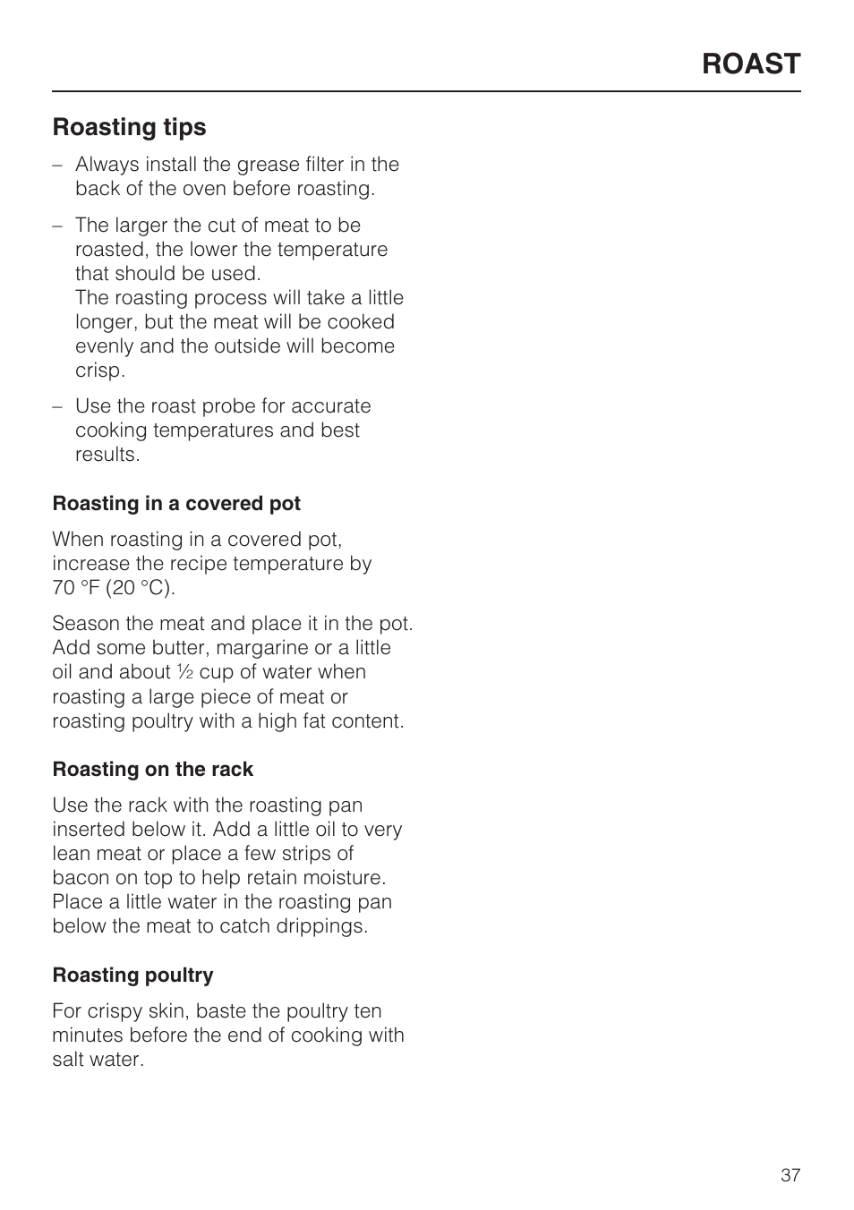 Roasting tips 37, Roast, Roasting tips | Miele H4780BP User Manual | Page 37 / 76