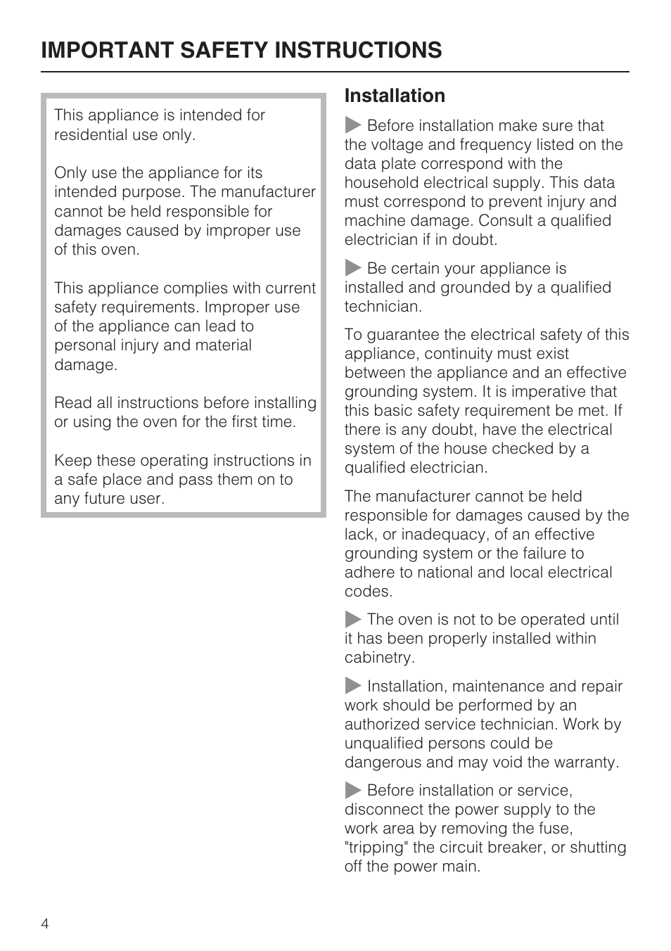 Important safety instructions 4, Important safety instructions | Miele H4780BP User Manual | Page 4 / 76