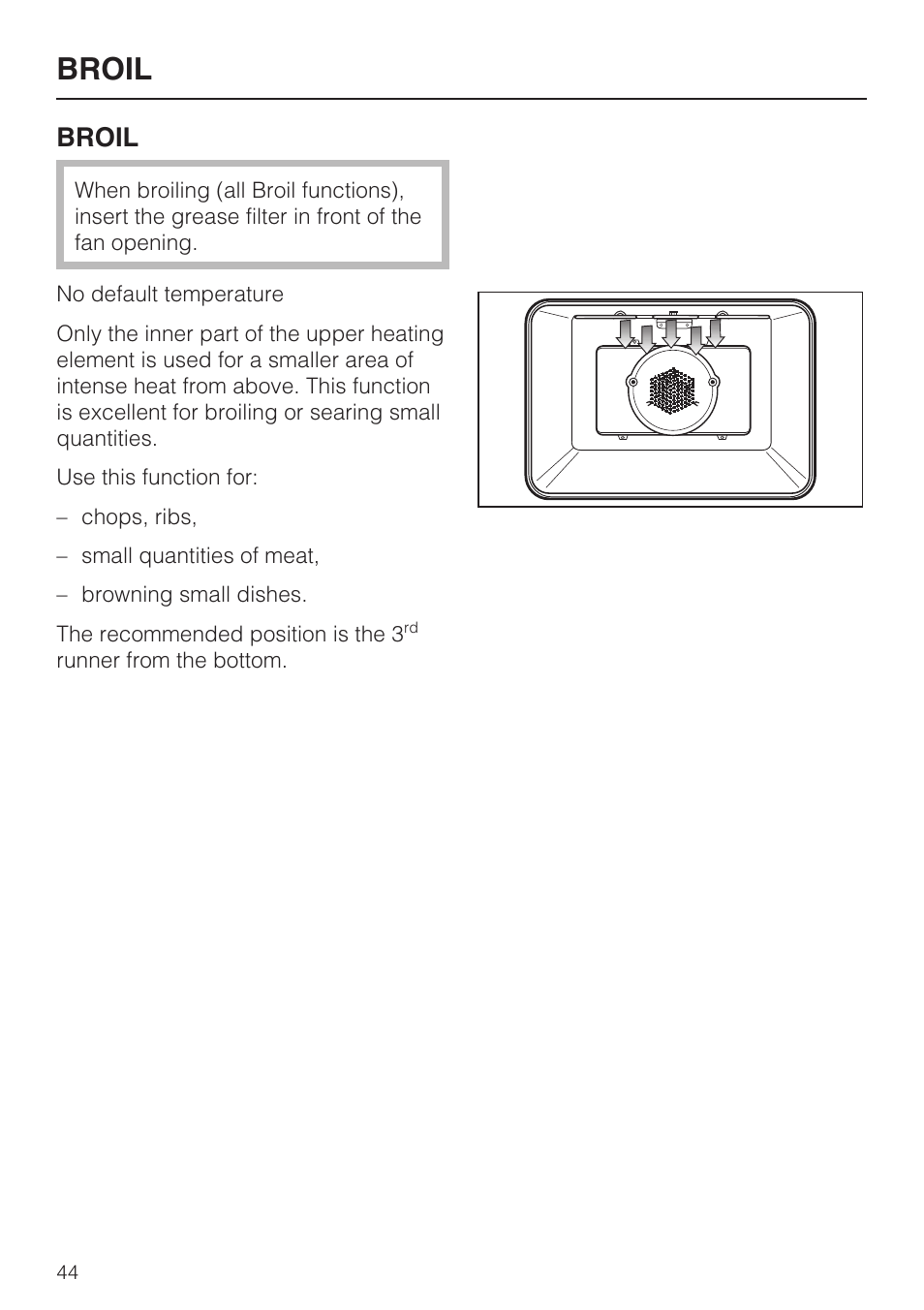 Broil 44, Broil | Miele H4780BP User Manual | Page 44 / 76