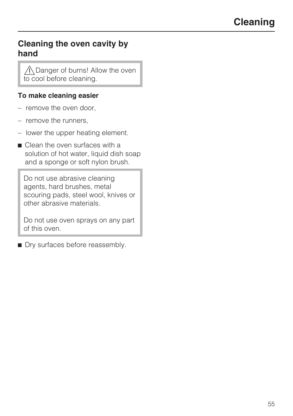 Cleaning, Cleaning the oven cavity by hand | Miele H4780BP User Manual | Page 55 / 76