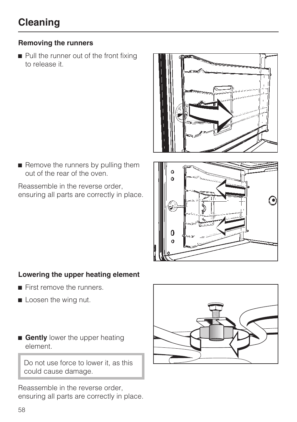 Removing the runners 58, Lowering the upper heating element 58, Cleaning | Miele H4780BP User Manual | Page 58 / 76