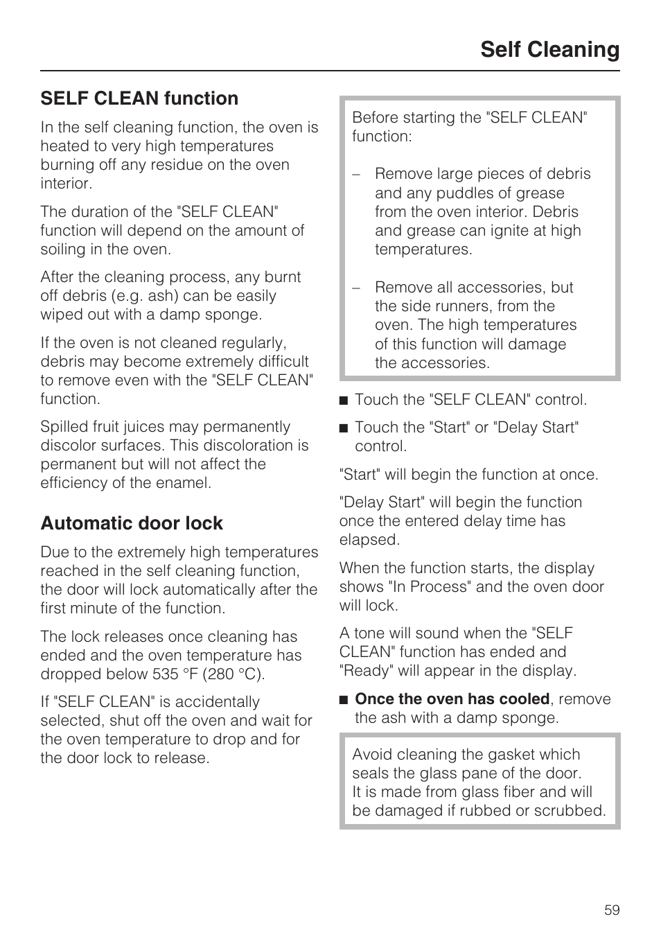 Self cleaning 59, Self cleaning, Self clean function | Automatic door lock | Miele H4780BP User Manual | Page 59 / 76