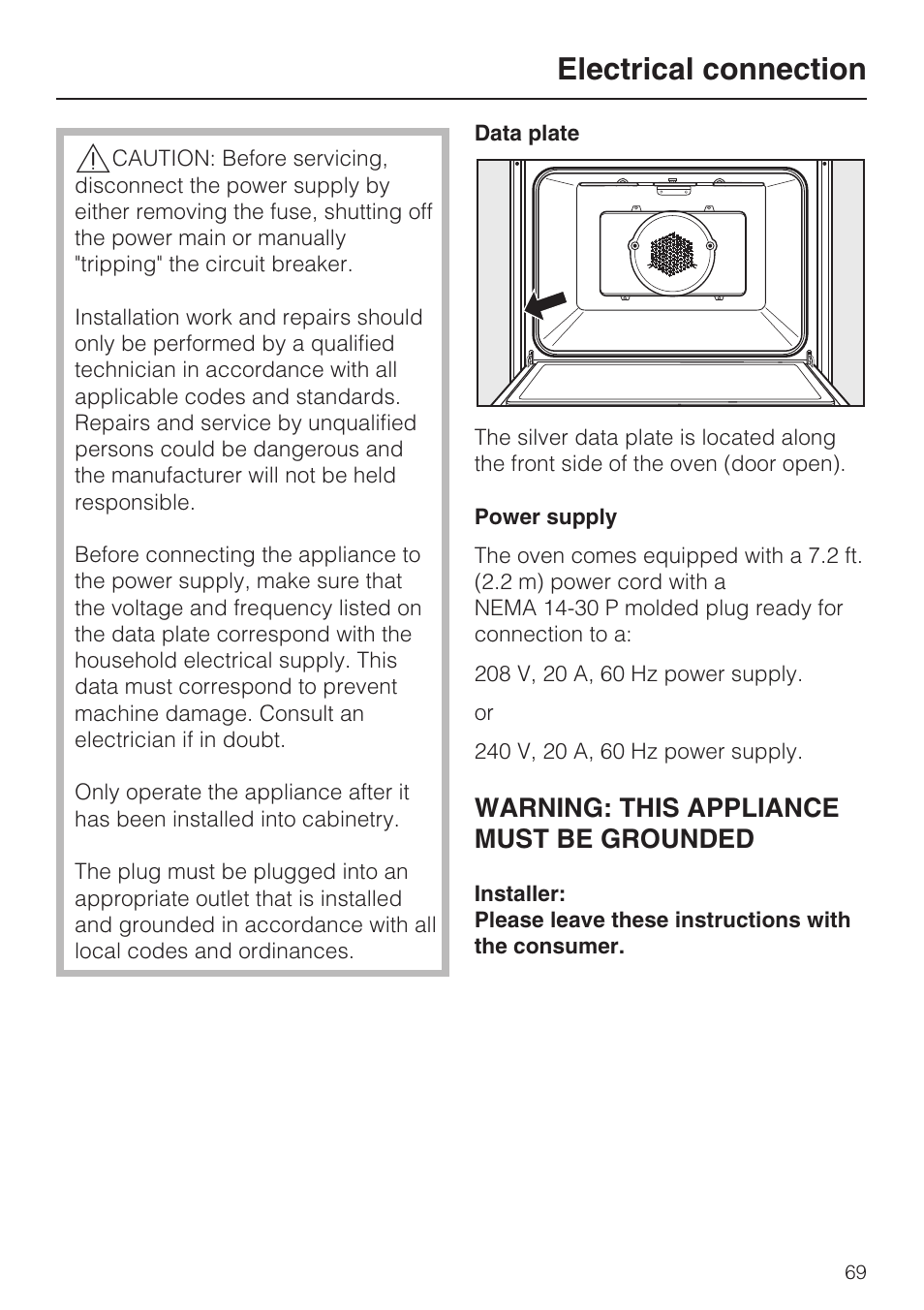 Electrical connection 69, Electrical connection, Warning: this appliance must be grounded | Miele H4780BP User Manual | Page 69 / 76