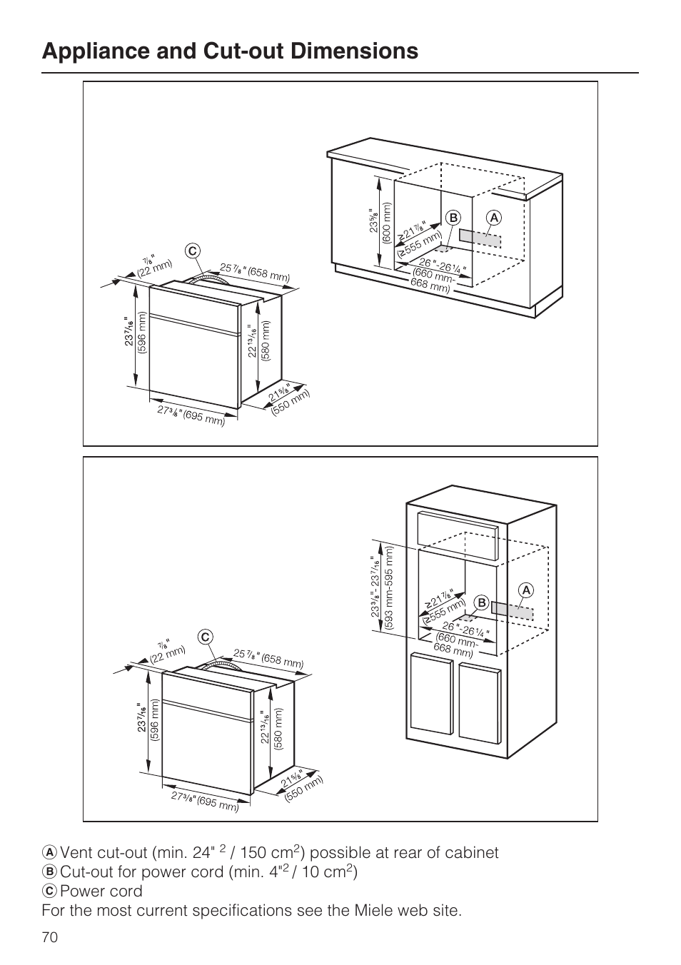 Appliance and cut-out dimensions 70, Appliance and cut-out dimensions | Miele H4780BP User Manual | Page 70 / 76