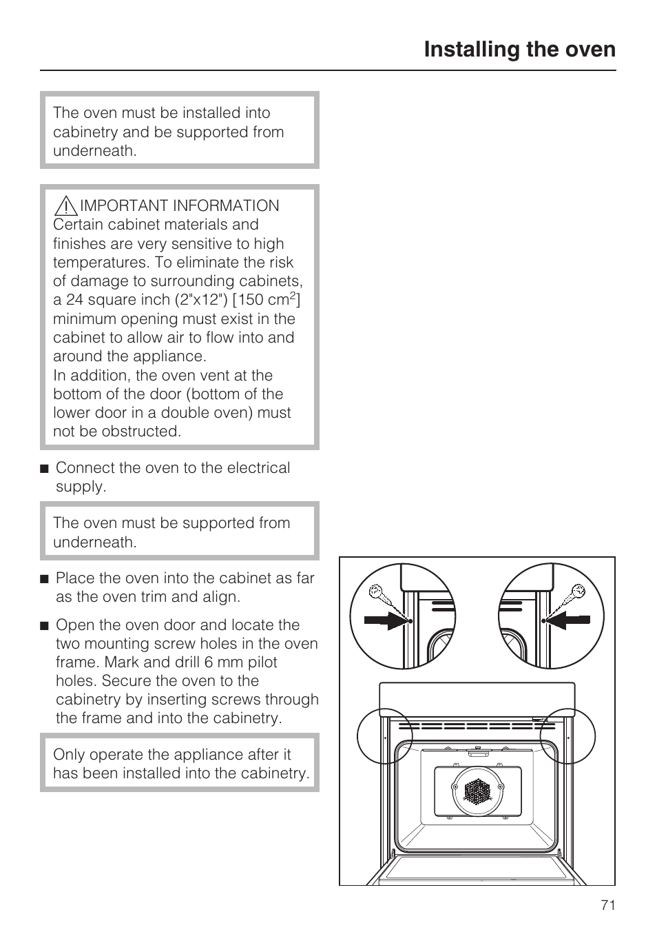 Installing the oven 71, Installing the oven | Miele H4780BP User Manual | Page 71 / 76