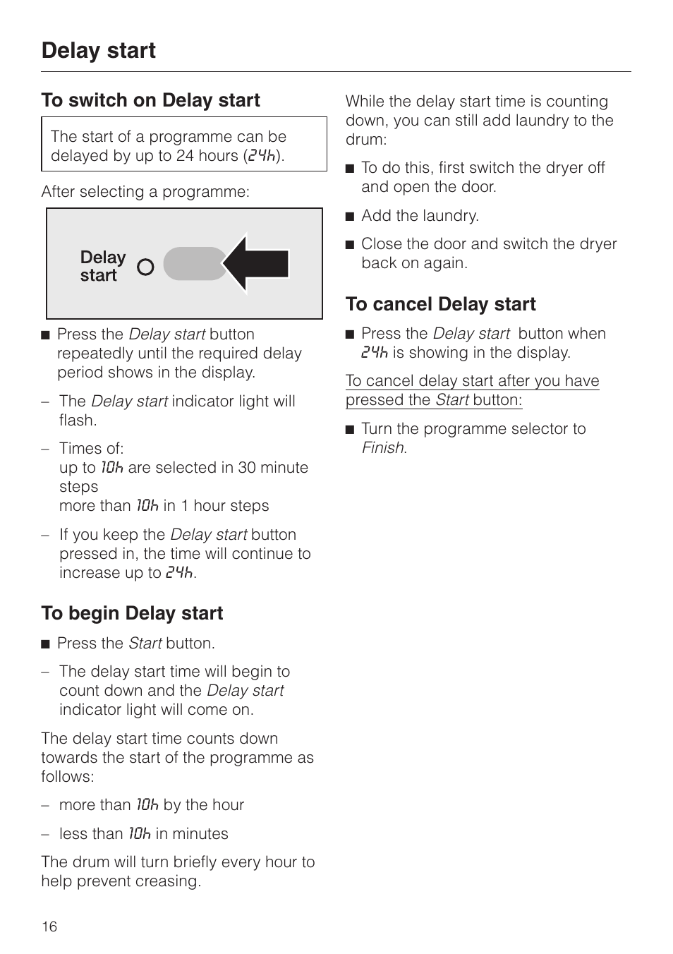 Delay start 16, Delay start | Miele T 4462 C User Manual | Page 16 / 52