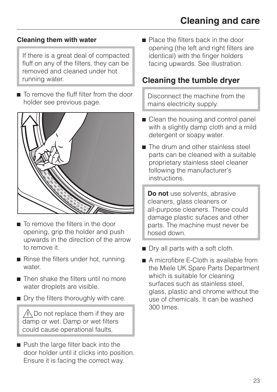 Cleaning them with water 23, Cleaning the tumble dryer 23, Cleaning and care | Cleaning the tumble dryer | Miele T 4462 C User Manual | Page 23 / 52