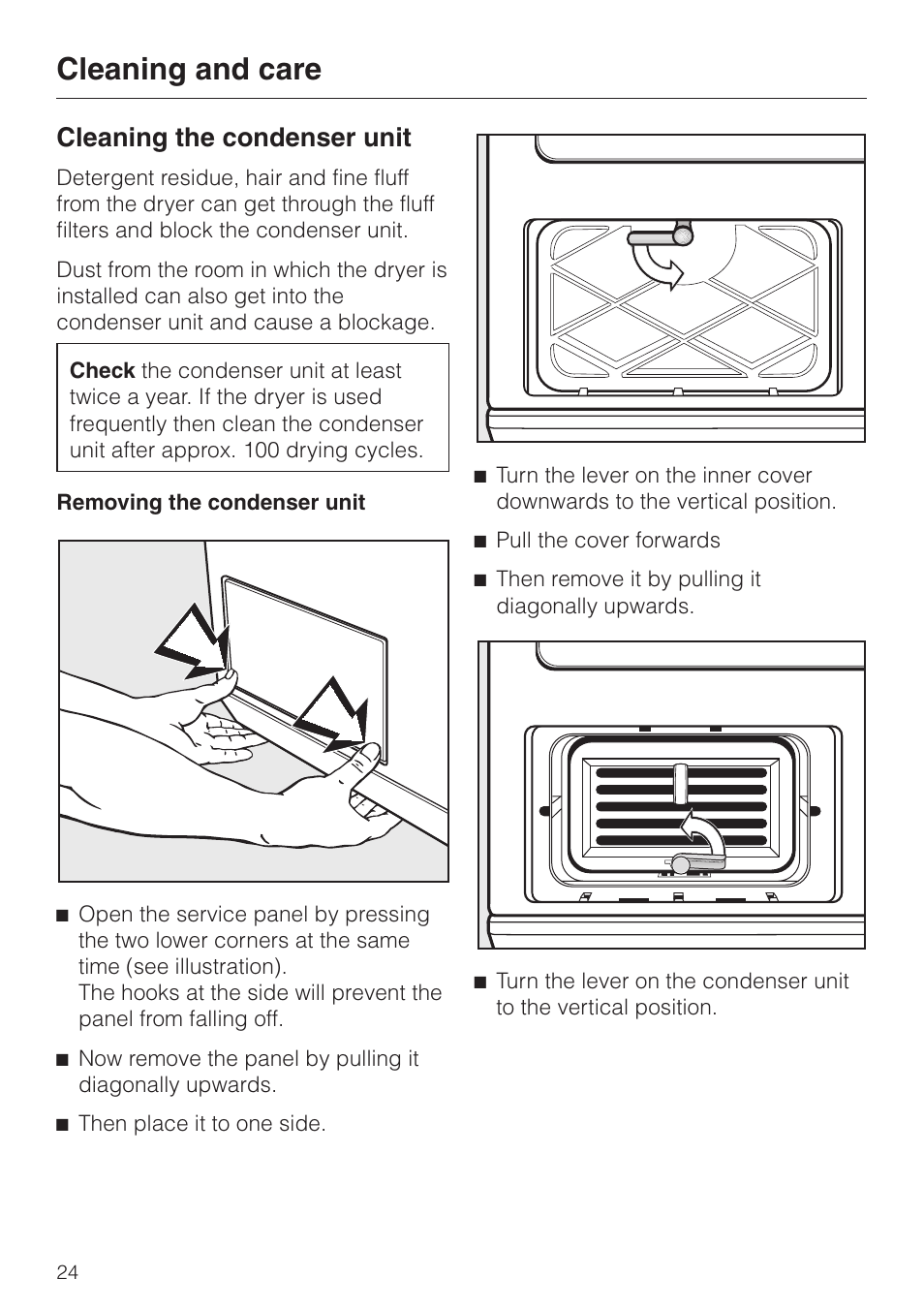 Cleaning the condenser unit 24, Removing the condenser unit 24, Cleaning and care | Cleaning the condenser unit | Miele T 4462 C User Manual | Page 24 / 52