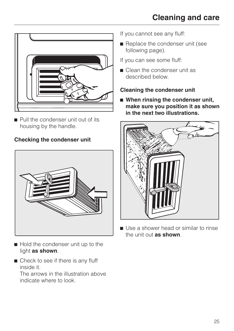 Checking the condenser unit 25, Cleaning the condenser unit 25, Cleaning and care | Miele T 4462 C User Manual | Page 25 / 52