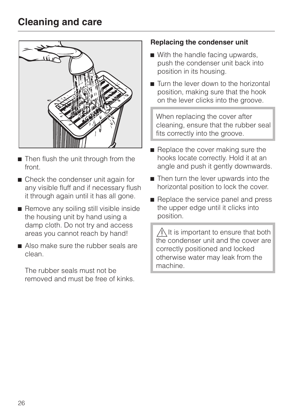 Replacing the condenser unit 26, Cleaning and care | Miele T 4462 C User Manual | Page 26 / 52
