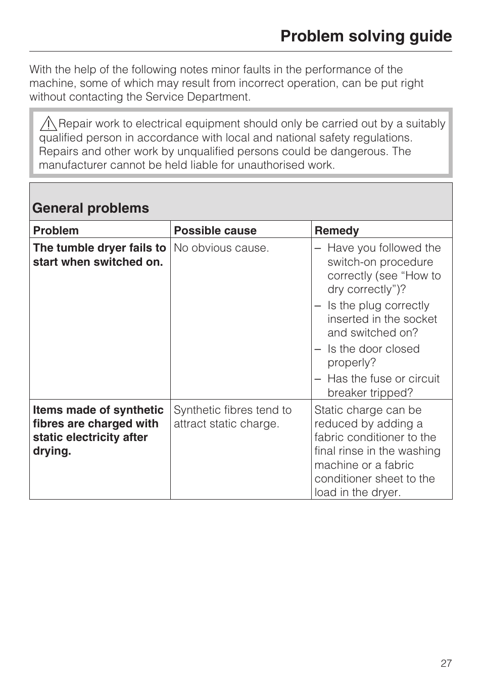 Problem solving guide 27, General problems 27, Problem solving guide | General problems | Miele T 4462 C User Manual | Page 27 / 52