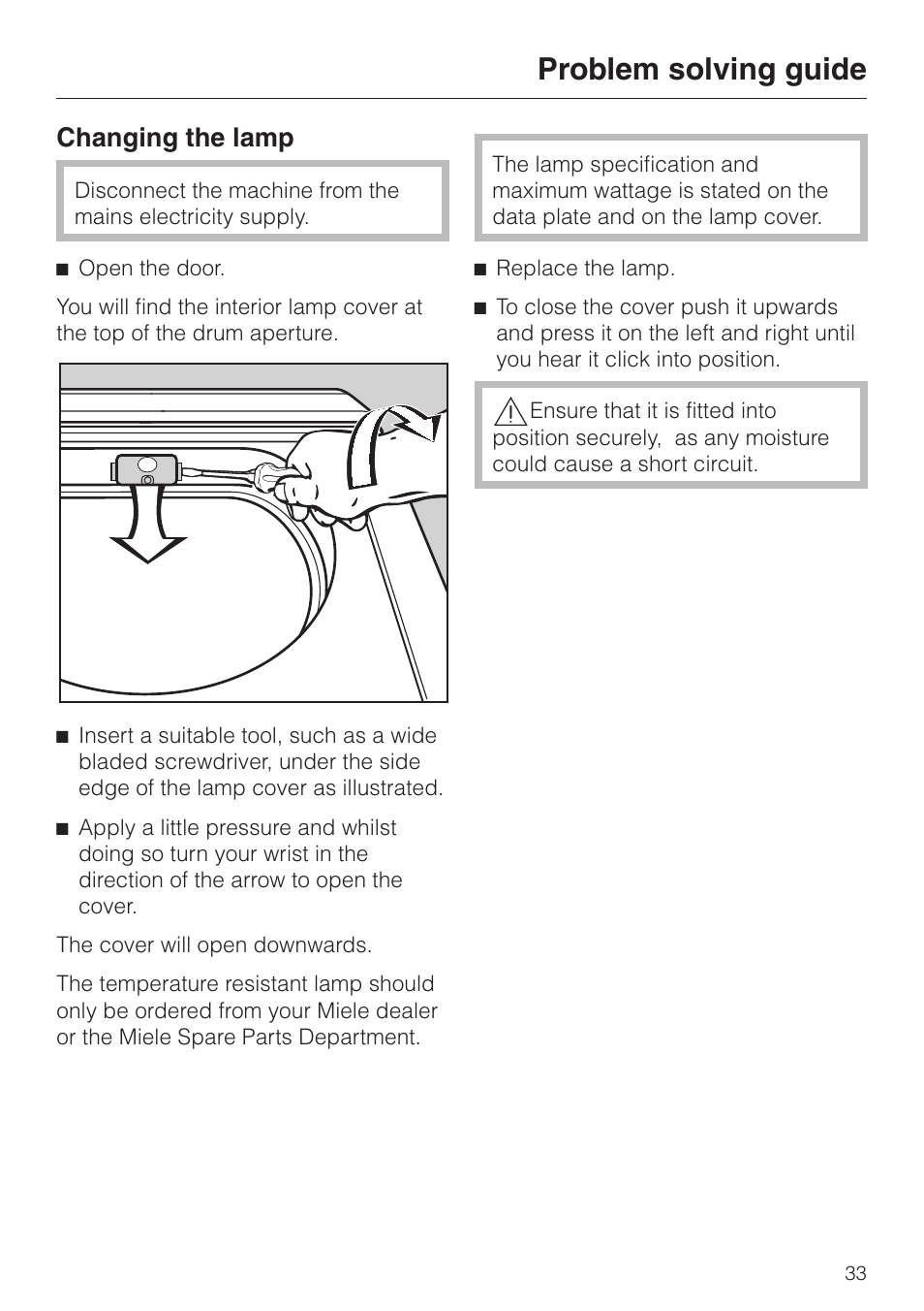 Changing the lamp 33, Problem solving guide, Changing the lamp | Miele T 4462 C User Manual | Page 33 / 52