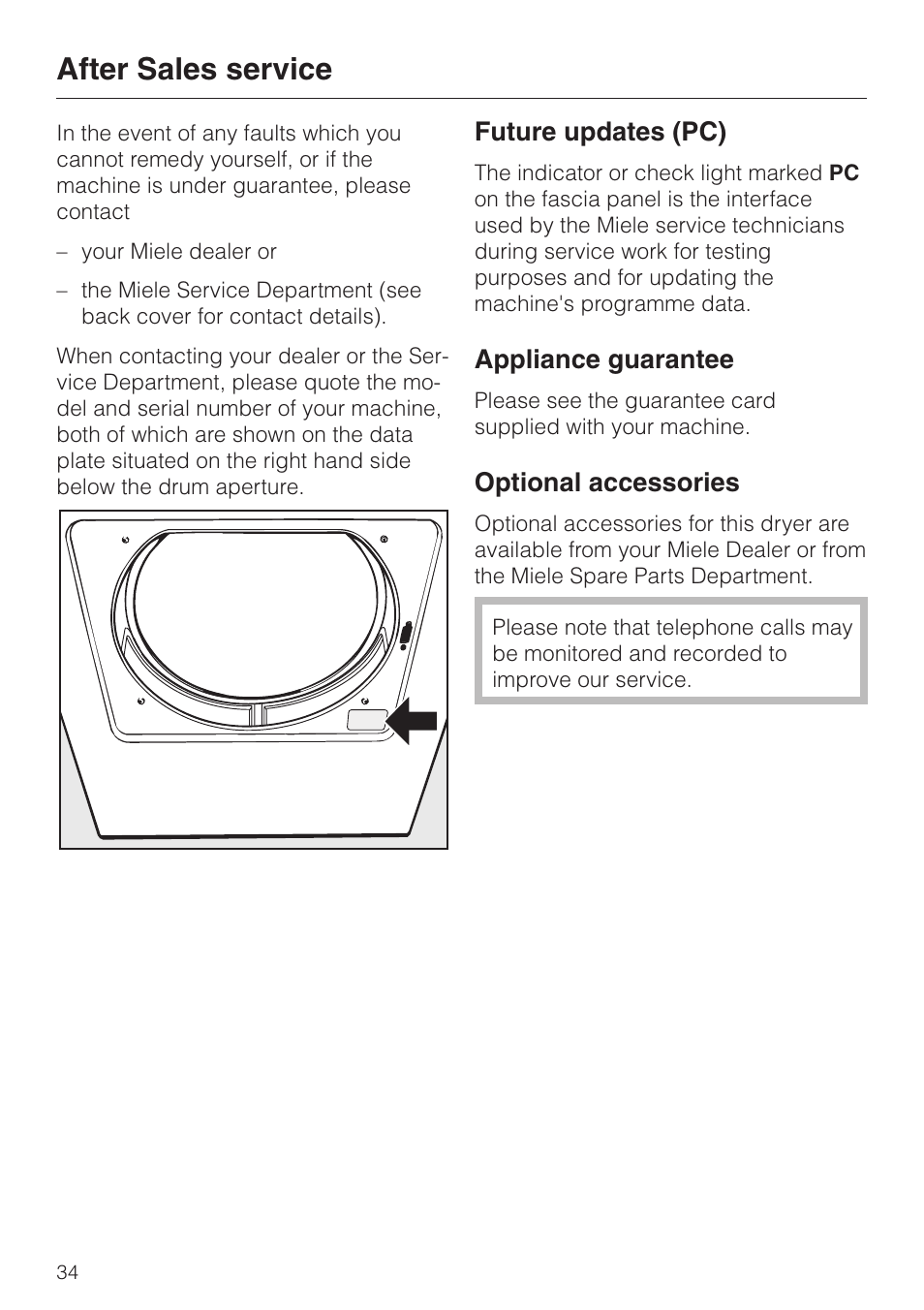 After sales service 34, Future updates (pc) 34, Appliance guarantee 34 | Optional accessories 34, After sales service, Future updates (pc), Appliance guarantee, Optional accessories | Miele T 4462 C User Manual | Page 34 / 52