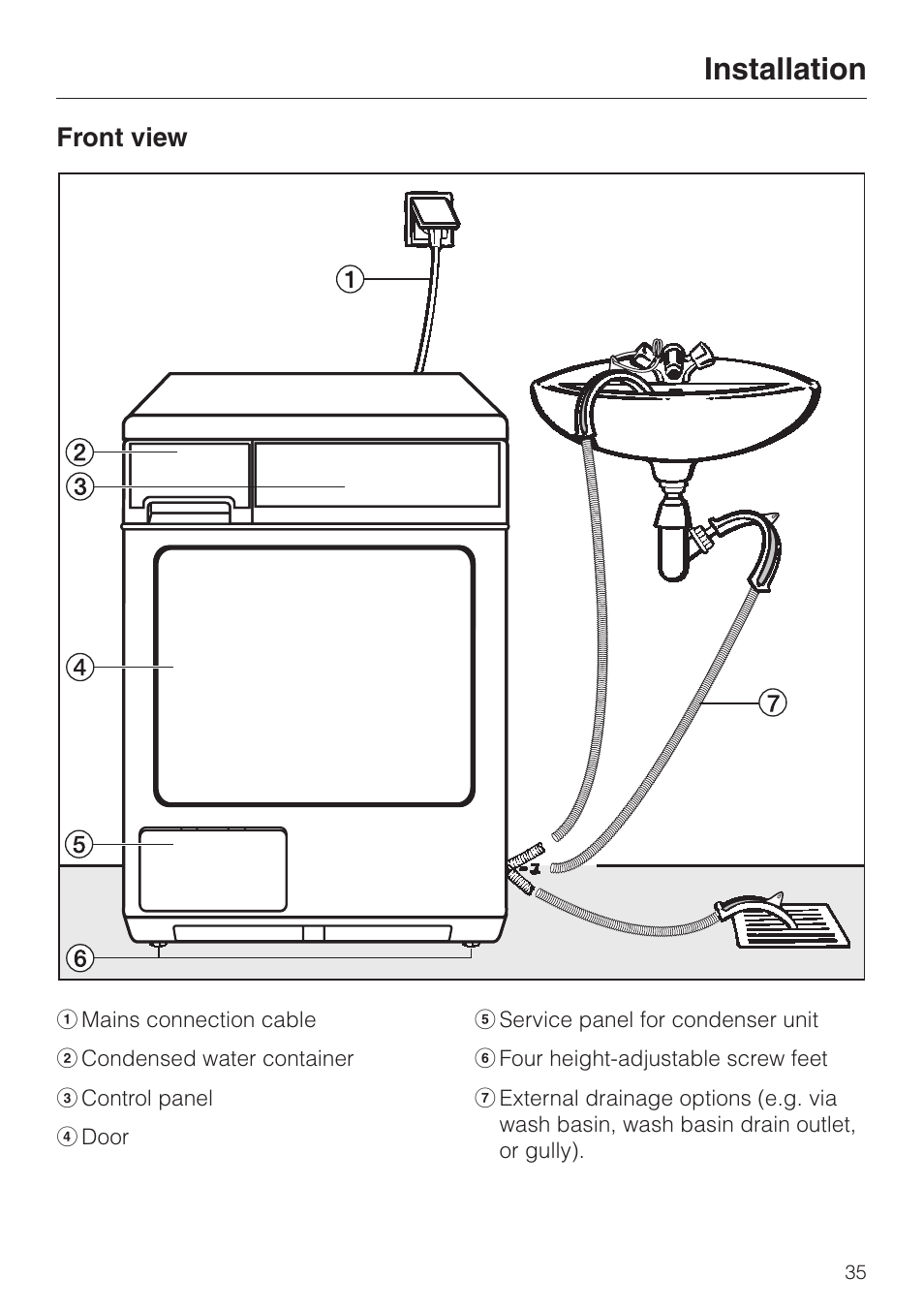 Installation 35, Front view 35, Installation | Front view | Miele T 4462 C User Manual | Page 35 / 52