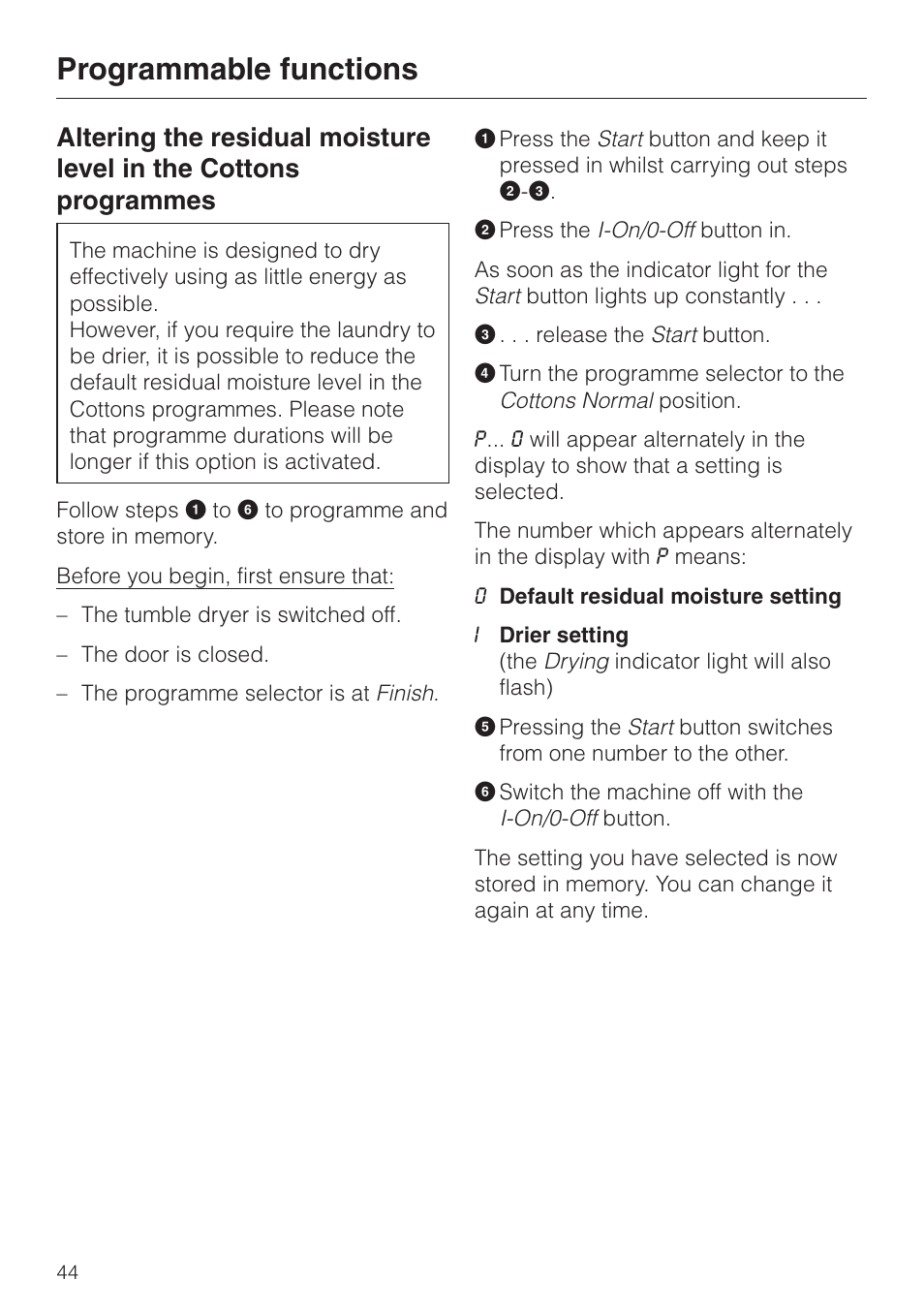 Programmable functions 44, Programmable functions | Miele T 4462 C User Manual | Page 44 / 52