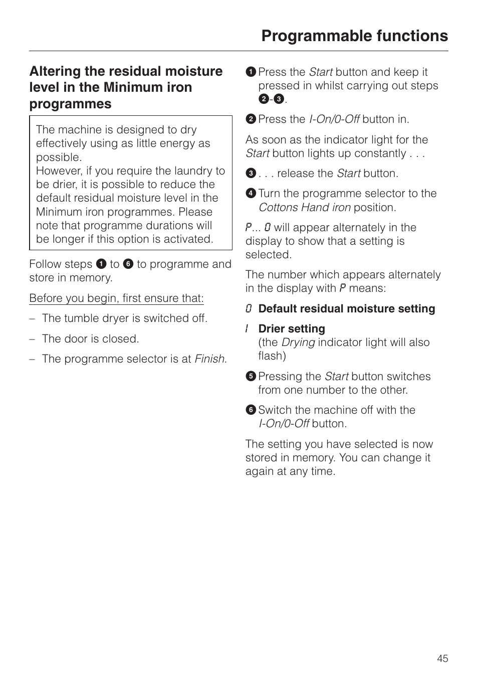 Programmable functions | Miele T 4462 C User Manual | Page 45 / 52